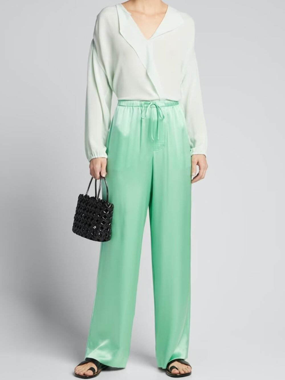 Vince 100% Silk Drawstring Wide Leg Pants Mint Green Satin